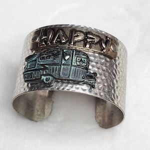 Vintage 90s Happy Camper Pun Silver Cuff Bracelet